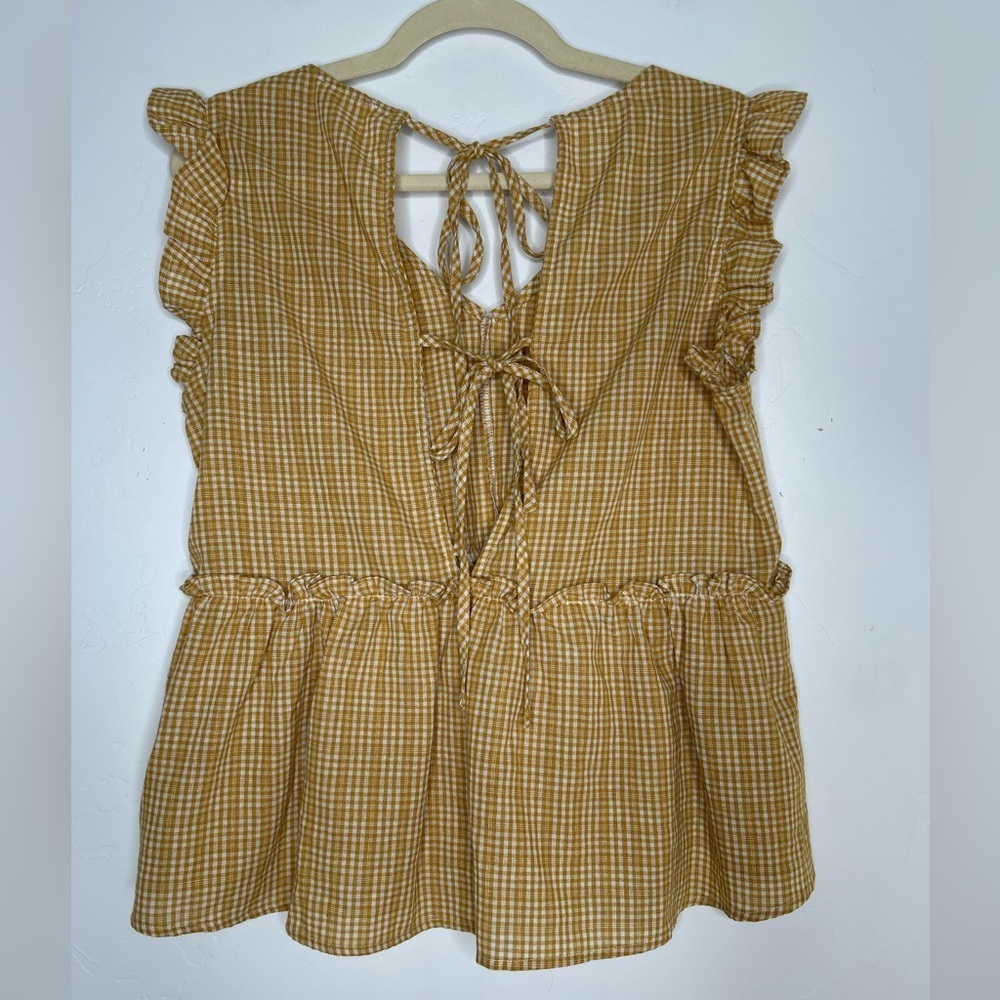&Merci Mustard Gingham Plaid Babydoll Top Open Tie Back Ruffle Sleeves Small - Picture 2 of 12